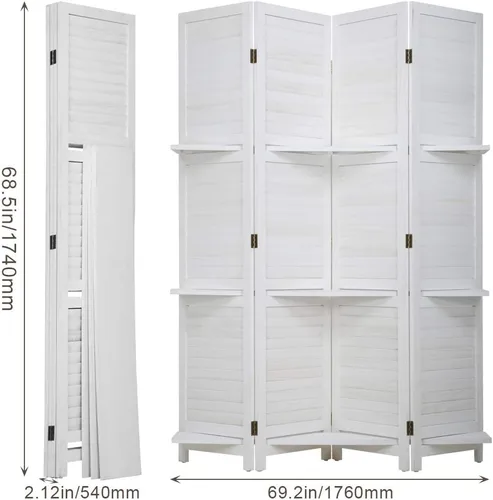 Vista 7 de Divisor de habitación de pared plegable de madera, pantalla plegable de 4 paneles con tres estantes inteligentes, divisor tejido a mano de malla