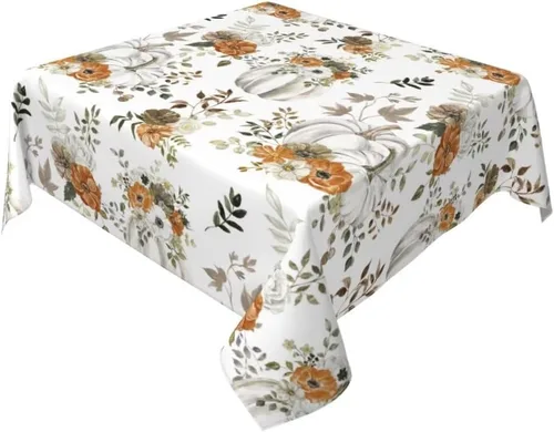 Vista 23 de Mantel floral azul marino de 54 x 54 pulgadas, mantel cuadrado de flores azul oscuro y blanco, mantel de poliéster para fiestas de vacaciones