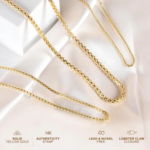 Vista 6 de PORI JEWELERS 14K Gold 1.8MM, 2.5MM, or 3.5MM Round Box Chain Necklace -16"-30" Yellow or White Gold- For Men and Women