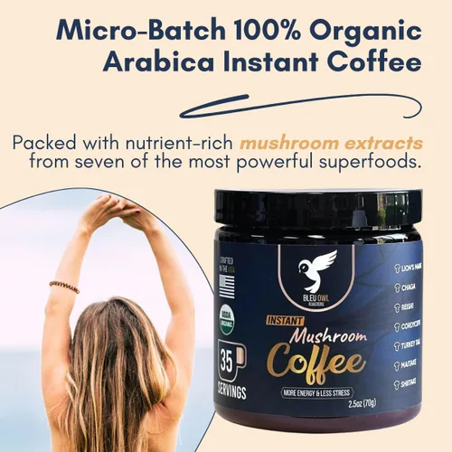 Vista 3 de Bleu Owl Instant Organic Mushroom Coffee - 7 Superfood Mushrooms for Gut Health Energy & Clarity - Arabica 35 servings, 2.5oz. - Lion’s Mane Chaga