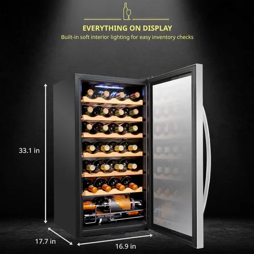 Vista 2 de SCHMÉCKÉ Refrigerador de vino con compresor de 28 botellas con cierre – Gran bodega independiente para vino tinto, blanco, champán o espumoso