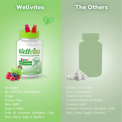 Vista 3 de Wellvites Gomitas multivitamínicas para niños, sin azúcar, veganas, sin OMG, vitaminas para niños, vitamina A, D, B6, B12 y C, sin edulcorantes