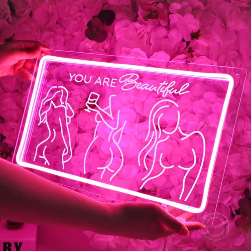 Vista 3 de Britrio Señal de neón con texto en inglés "Lady Back", decoración artística de pared de neón rosa con texto en inglés «You Are Beautiful», luz