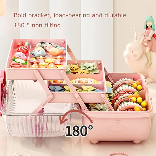 Vista 6 de Caja organizadora de accesorios para el cabello, caja de almacenamiento portátil de 3 capas, caja de herramientas de plástico multifuncional