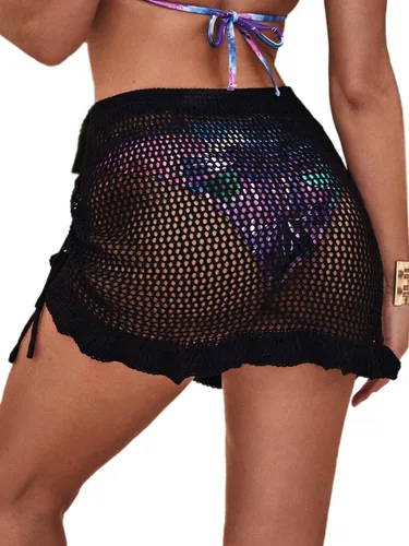 Vista 2 de Romwe Traje de baño de malla con cordón lateral para mujer, falda de playa de malla