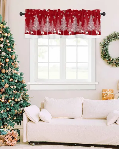 Vista 5 de Cenefas de Navidad para ventanas de cocina, cenefa de árbol de Navidad para sala de estar, cenefa de ventana de renos de invierno con bolsillo
