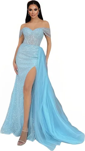 Vista 4 de Vestido de fiesta de sirena brillante con lentejuelas, largo con abertura, hombros descubiertos, vestido formal de fiesta con cola para mujer