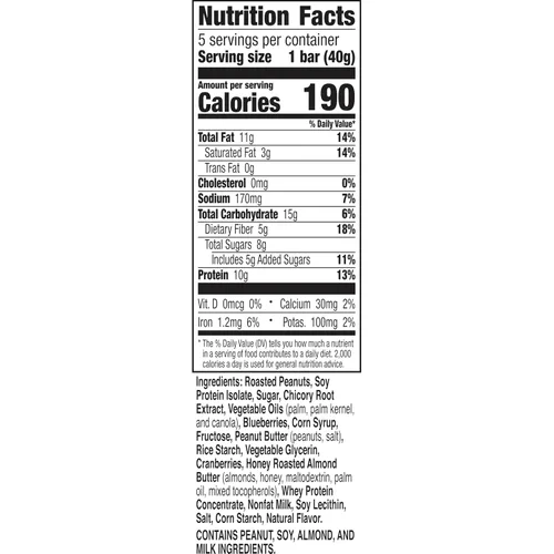 Vista 2 de Nature Valley Barras de granola con proteína, arándano y nueces, barras de merienda masticables, 5 barras, 7.1 OZ