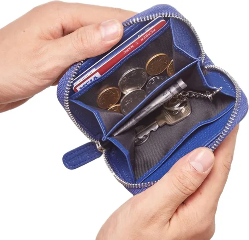 Vista 4 de Travelambo Monedero de piel auténtica con cremallera YKK, Azul, Moda
