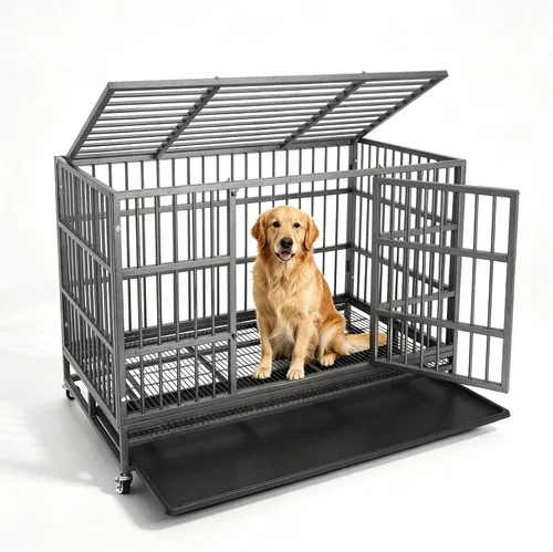 Vista 9 de Confote Jaula de metal resistente de 37 pulgadas, jaula para mascotas de alta ansiedad con ruedas bloqueables y puertas dobles para perros pequeños
