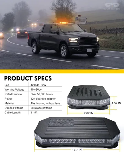 Vista 7 de LUMENIX - Barra de luces estroboscópicas LED de 42 luces ámbar para techo, montaje magnético, luz de advertencia de emergencia, tráfico intermitente