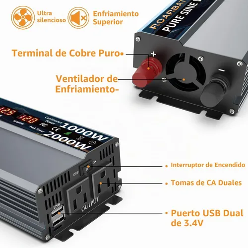 Vista 3 de Inversor de potencia de onda sinusoidal pura de 1000 W, 12 V CC a CA 110 V 120 V, potencia máxima de pico de 2000 W, con 2 tomas de CA, inversor