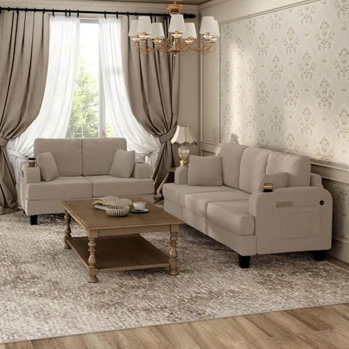 Vista 10 de HOMES: Inside + Out Reese - Moderno juego de sofá de 2 piezas con bolsillos laterales, portavasos y puertos USB, sofá suave de madera y cómodo sofá