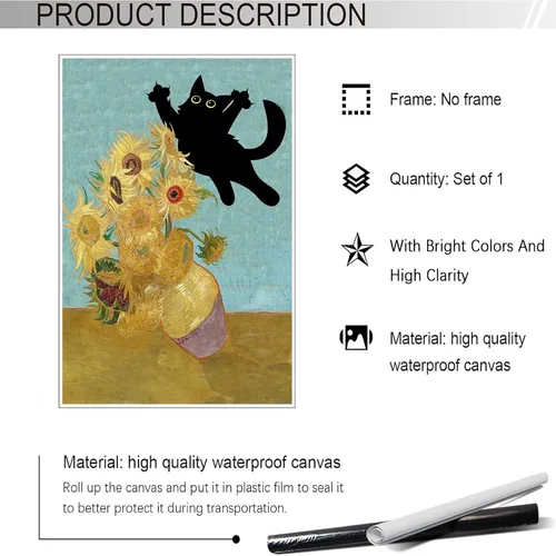 Vista 2 de Póster de Arte Gracioso de Gato Negro Vintage Van Gogh Girasol Gato Impreso en Lienzo Arte de Pared de Gato Lindo Estética de Animales