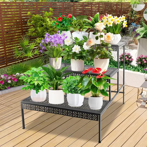 Vista 7 de Soporte de metal para plantas de 3 niveles, soporte para macetas de flores, soporte para plantas escalonadas, organizador de almacenamiento al aire