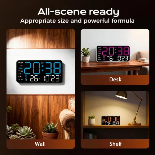 Vista 5 de Reloj de pared digital LED decorativo multifuncional, reloj digital grande que muestra la hora, fecha, temperatura, ajuste automático de brillo