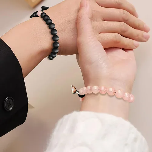 Vista 23 de 2 pulseras magnéticas para parejas, piedra natural negra mate, cristal para votos de amor eterno, juego de pulseras de cuentas de piedra de energía