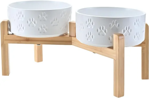 Vista 55 de SPUNKYJUNKY Cuencos elevados de cerámica para perros, 5.1 pulgadas, para comida de perros y gatos, cuencos elevados con soporte de bambú Verde oscuro