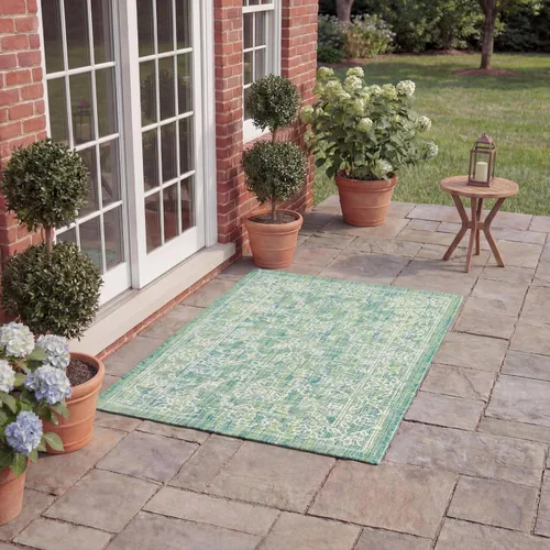 Vista 78 de SAFAVIEH Alfombra lavable al aire libre, colección Courtyard - 2'3" x 5', azul aguamarina y gris, no desprende pelusa y fácil limpieza, ideal