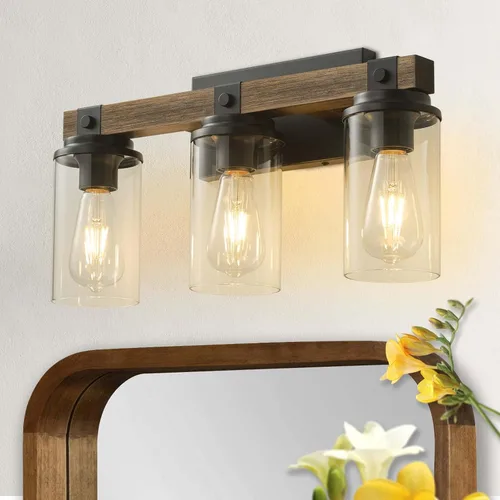 Vista 10 de Lámpara de Baño Estilo Granja de Madera Negra, Iluminación de Tocador de 2 Luces, Aplique de Pared de Madera, Accesorio de Pared Industrial Rústico