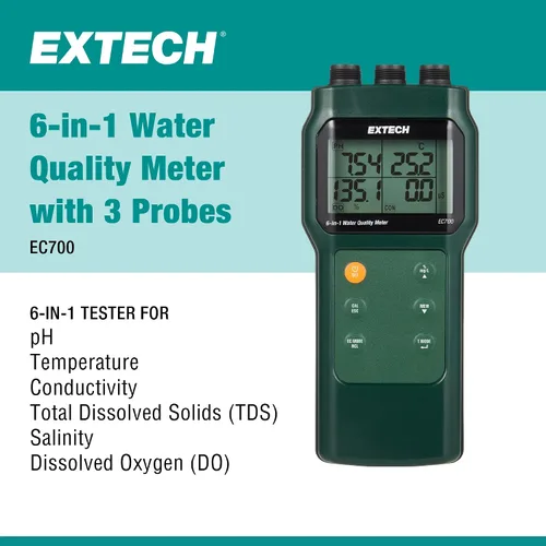Vista 2 de Extech Medidor de calidad de agua EC700 6 en 1 con 3 sondas pH, conductivity, TDS, salinity, DO, temp, optical DO probe, IP67, stores 99, ATC