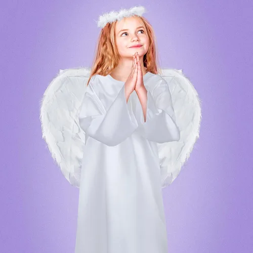 Vista 7 de Eurzom Juego de 4 piezas de disfraz de ángel para niñas, vestido blanco, alas de plumas de ángel, halo de ángel y varita para niños, fiesta