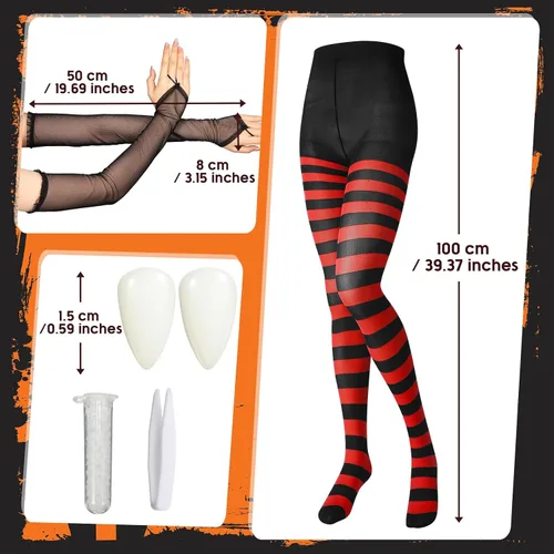 Vista 2 de Suhine Disfraz de vampiro de Halloween para mujer, leggings negros y rojos, vestido negro, colmillos de vampiro, guante para fiesta de cosplay