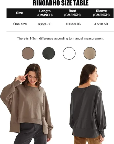 Vista 7 de Sudadera holgada de manga larga con cuello redondo y abertura lateral para mujer