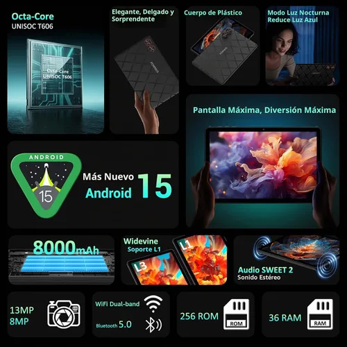 Vista 2 de POWMUS Tablet Android, tableta Android 15 de 11 pulgadas, tabletas con pantalla FHD 2K, 36 GB de RAM (12+24) y 256 GB de ROM, expansión de 1 TB