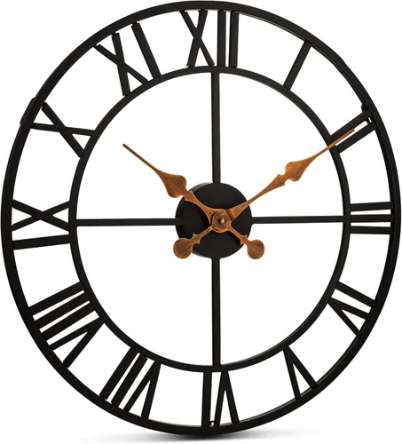 Vista 2 de Bernhard Products Reloj de pared extra grande de hierro forjado de metal negro de 20 pulgadas, funciona con pilas, diseño rústico con números