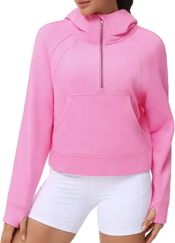 Vista 2 de THE GYM PEOPLE Sudaderas con capucha para mujer, media cremallera, manga larga, forro polar, con bolsillos, agujero para el pulgar