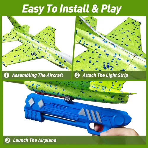 Vista 2 de Paquete de 3 juguetes lanzadores de aviones, espuma LED de 13.2 pulgadas 2025 caza F-15 Eagle y avión planeador catapulta para niños, juguetes