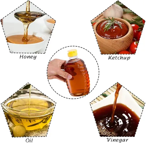 Vista 5 de Qinsihwn Paquete de 8 botellas de miel de plástico transparente de 16 onzas, contenedor de miel recargable de grado alimenticio, botella de miel