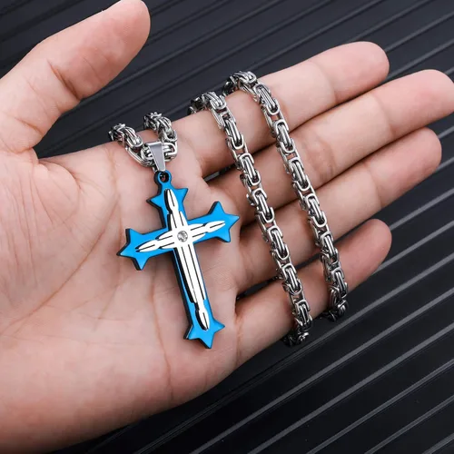 Vista 5 de Collar con colgante de cruz para hombres, niños, mujeres y niñas, collar de cruz de acero inoxidable, circonita cúbica, regalo de oración cristiana