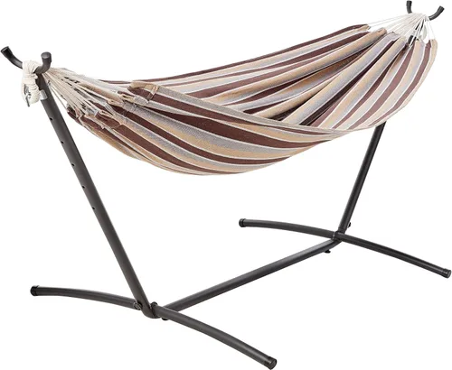 Vista 9 de Amazon Basics Hamaca doble con soporte de acero de 9 pies que ahorra espacio y funda de transporte, 2 personas, capacidad de 450 libras, rayas beige