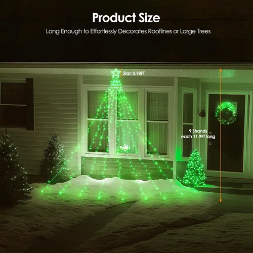 Vista 6 de WBao 344 luces LED de Navidad para decoración al aire libre con estrella de 12 pulgadas, luces de Navidad de cascada de 11.9 pies, control remoto, 8