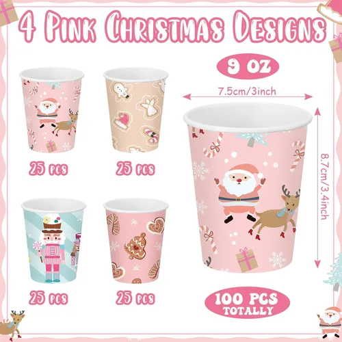 Vista 2 de Maxcheck 100 Piezas Vasos de Papel Rosa de Navidad de 9 onzas, Desechables, Copos de Nieve Rosa Alce, Tazas de Café de Navidad, Bebidas Calientes