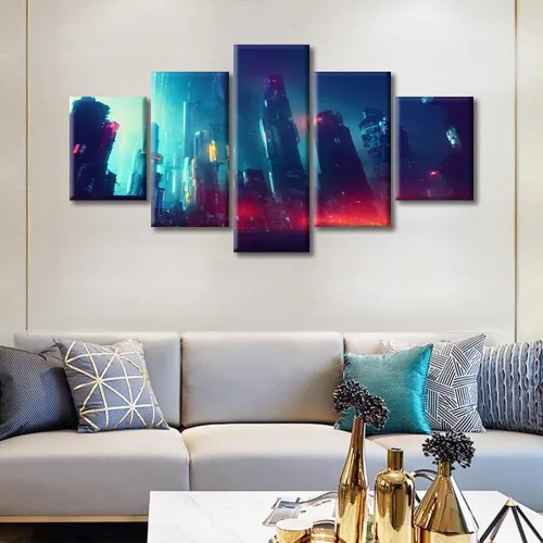 Vista 320 de Cuadros de 5 paneles de Cyberpunk City, arte de pared, representación de vallas publicitarias, edificios modernos en la capital con obras de arte
