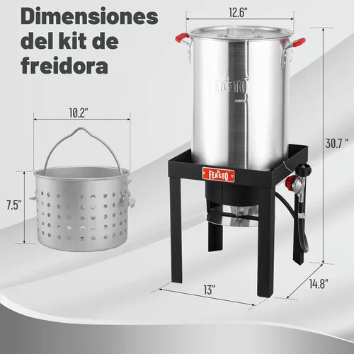 Vista 3 de Feasto Freidora de pavo de 30 cuartos de galón y caldera de cangrejos 2 en 1, olla de aluminio para exteriores con cesta y quemador, perfecto