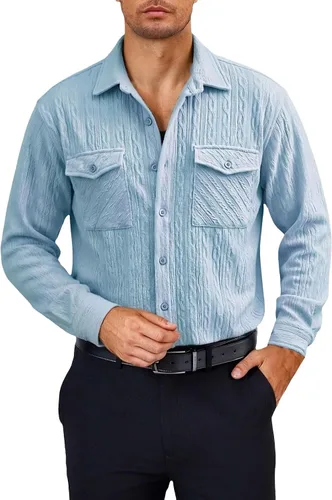 Vista 11 de Camisas con botones para hombre, casual, de manga larga, con cuello jacquard, texturizada, ligera, sobrecamisa, sobrecamisa