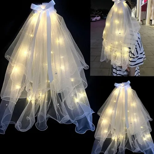 Vista 5 de KUYYFDS Diadema de velo de flores de 17.7 in, corona de pelo floral para novia, velo de boda con luz LED, velo de novia con clip para el pelo, pieza