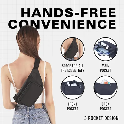 Vista 6 de Riñonera con cinturón - Bolso cruzado de cintura para hombres o mujeres - Riñonera grande impermeable y sin manos para senderismo, correr y viajes