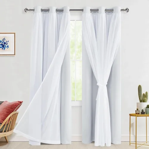 Vista 106 de Hiasan Cortinas opacas con superposición transparente, aislamiento térmico para mezclar y combinar de doble capa, cortinas de oscurecimiento de Beige