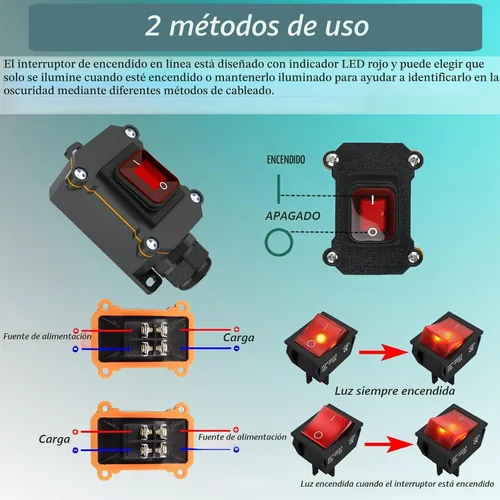 Vista 4 de Interruptor de línea de 12V IP67 impermeable, interruptor de palanca de encendido/apagado de 20A para exteriores, CC 12V-24V con botón basculante