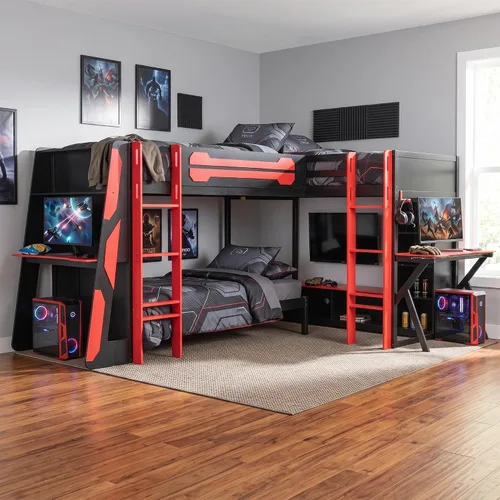 Vista 10 de Cama tipo loft en forma de L tamaño matrimonial e individual con 2 escritorios, tablero de clavijas y cajones de almacenamiento, marco de cama