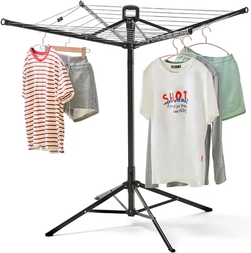 Vista 8 de JS HANGER Estante de secado de ropa portátil para interiores y exteriores con 4 brazos giratorios para perchas, 4 patas, paraguas plegable, secadora