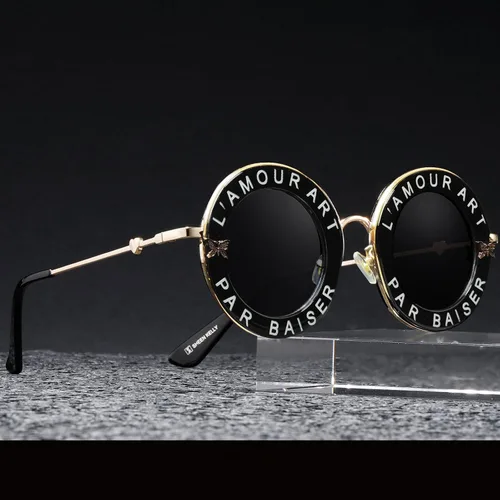Vista 2 de SHEEN KELLY Gafas de sol redondas retro para mujeres y hombres, diseño de abeja, tonos negros, montura de metal, estilo elegante, unisex