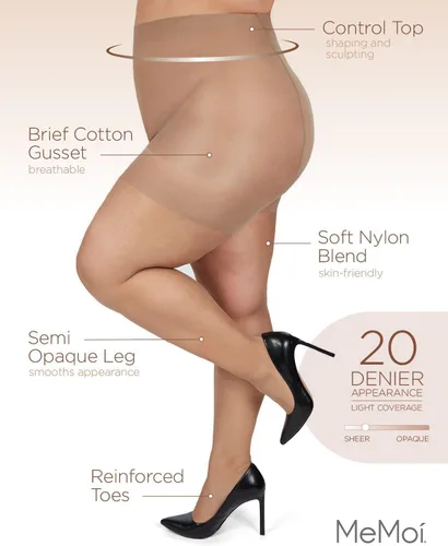 Vista 3 de MeMoi Pantyhose Energizing Plus Size Curvy Control Top Pantyhose Mujeres Cómodas Medias Semiopacas Medias Ligeras para Mujer