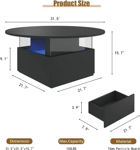 Vista 2 de HedoAjim Mesa de centro redonda de 31.5 pulgadas para sala de estar, mesa de sala de estar moderna LED con almacenamiento, mesas de centro cuadradas