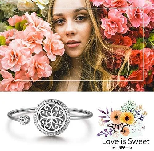 Vista 3 de Cupimatch Adjustable Tree of Life Essential Oil Diffuser Bracelet, Stainless Steel CZ Aromatherapy Locket Bangle 8 Color Pads Jewelry Set for Women